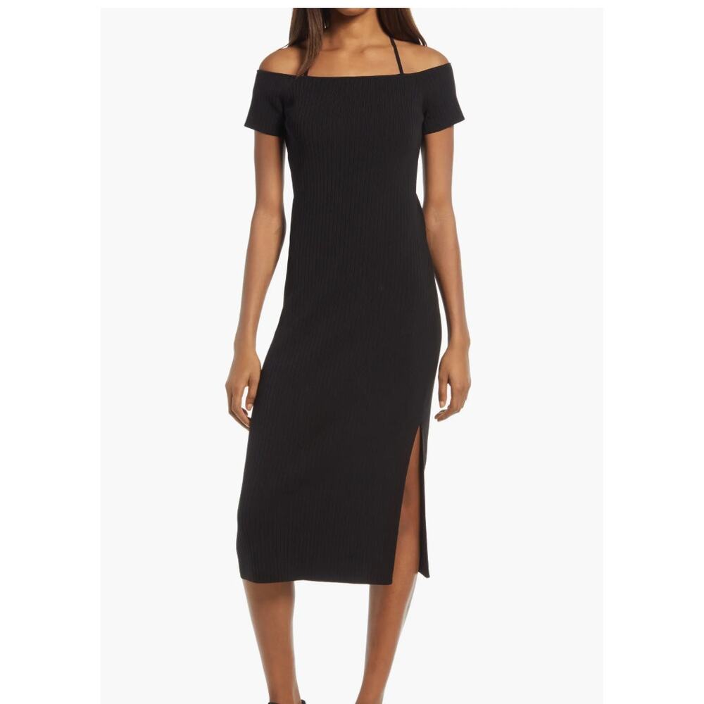 NWT WAYF Deena Off Shoulder Knit Midi Dress Black Size Small